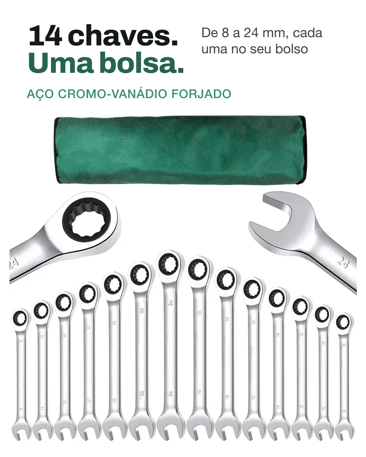 Jogo de 14 chaves combinadas com catraca em aço cromado, dispostas em leque sobre fundo branco, com a bolsa verde de armazenamento acima.