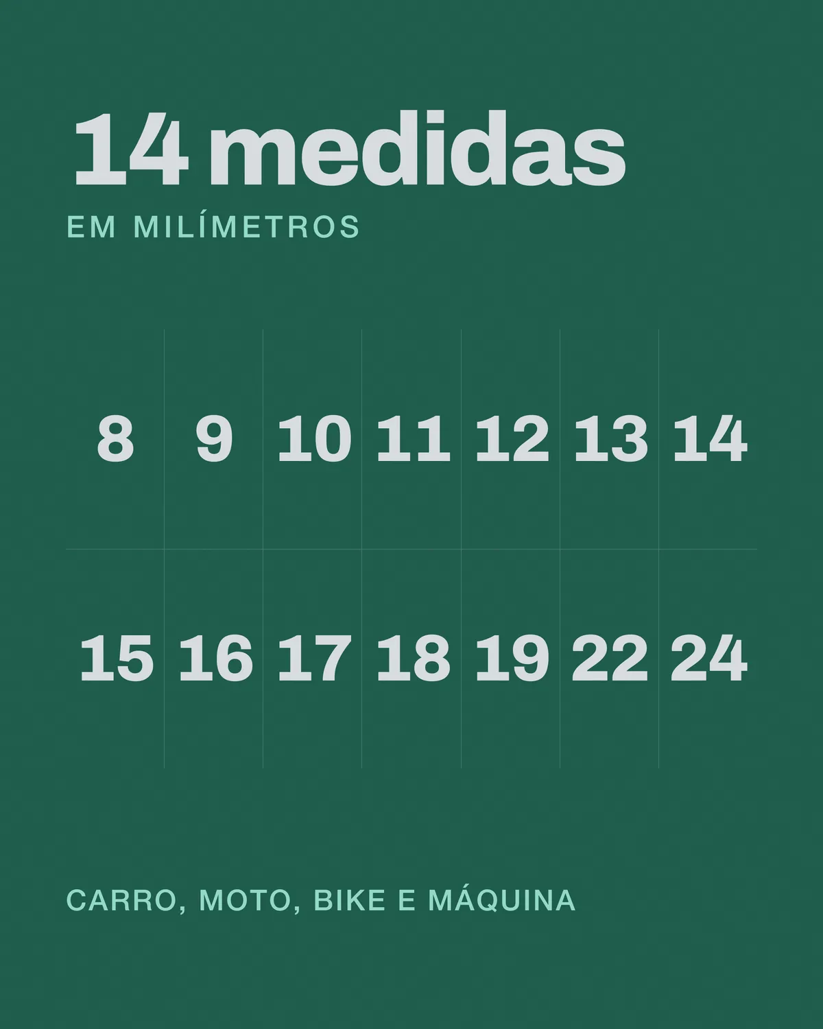 Cartão verde com as quatorze medidas do jogo de chaves listadas em números grandes, de 8 a 24 milímetros.